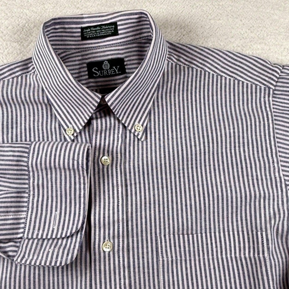 Surrey Single Needle‎ Tailoring Dress Shirt Mens 15.5 Blue Striped Cotton Oxford